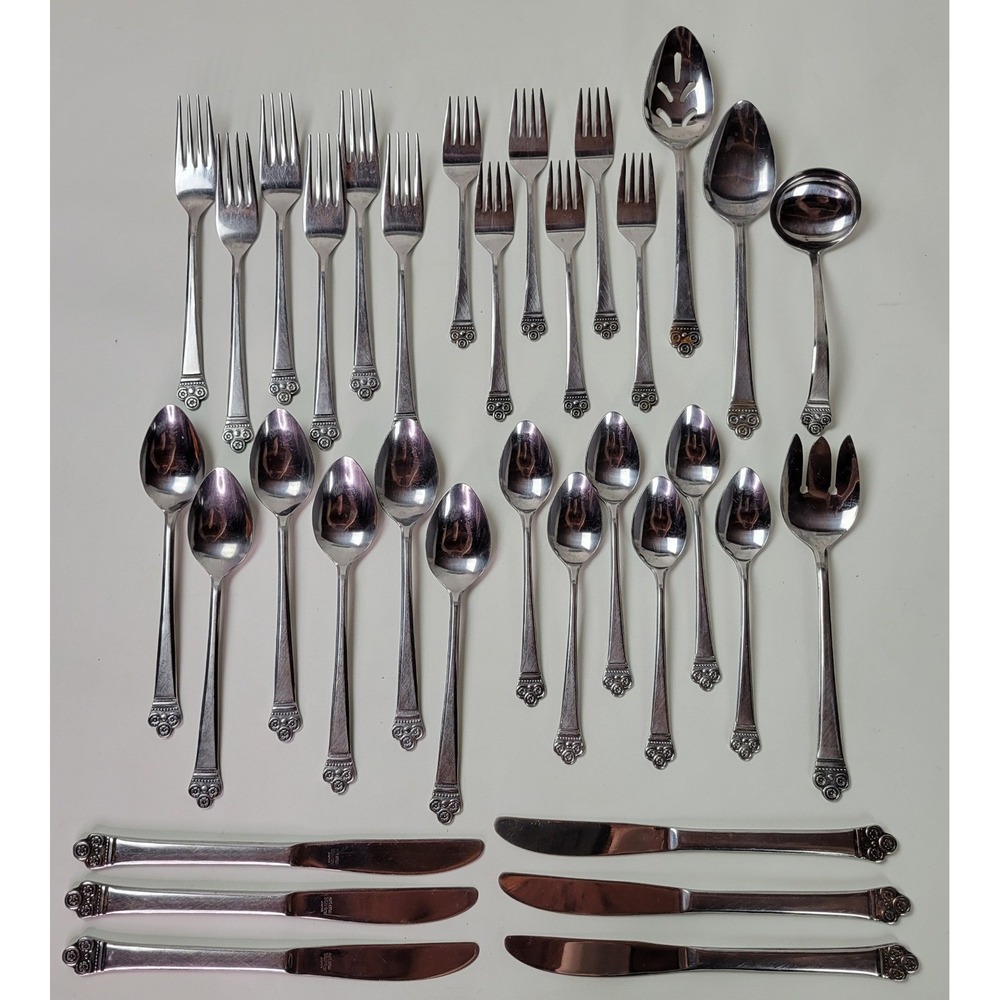 National Stainless Costa Mesa Flatware Set 31pc Japan Scroll Pattern 6 Setting